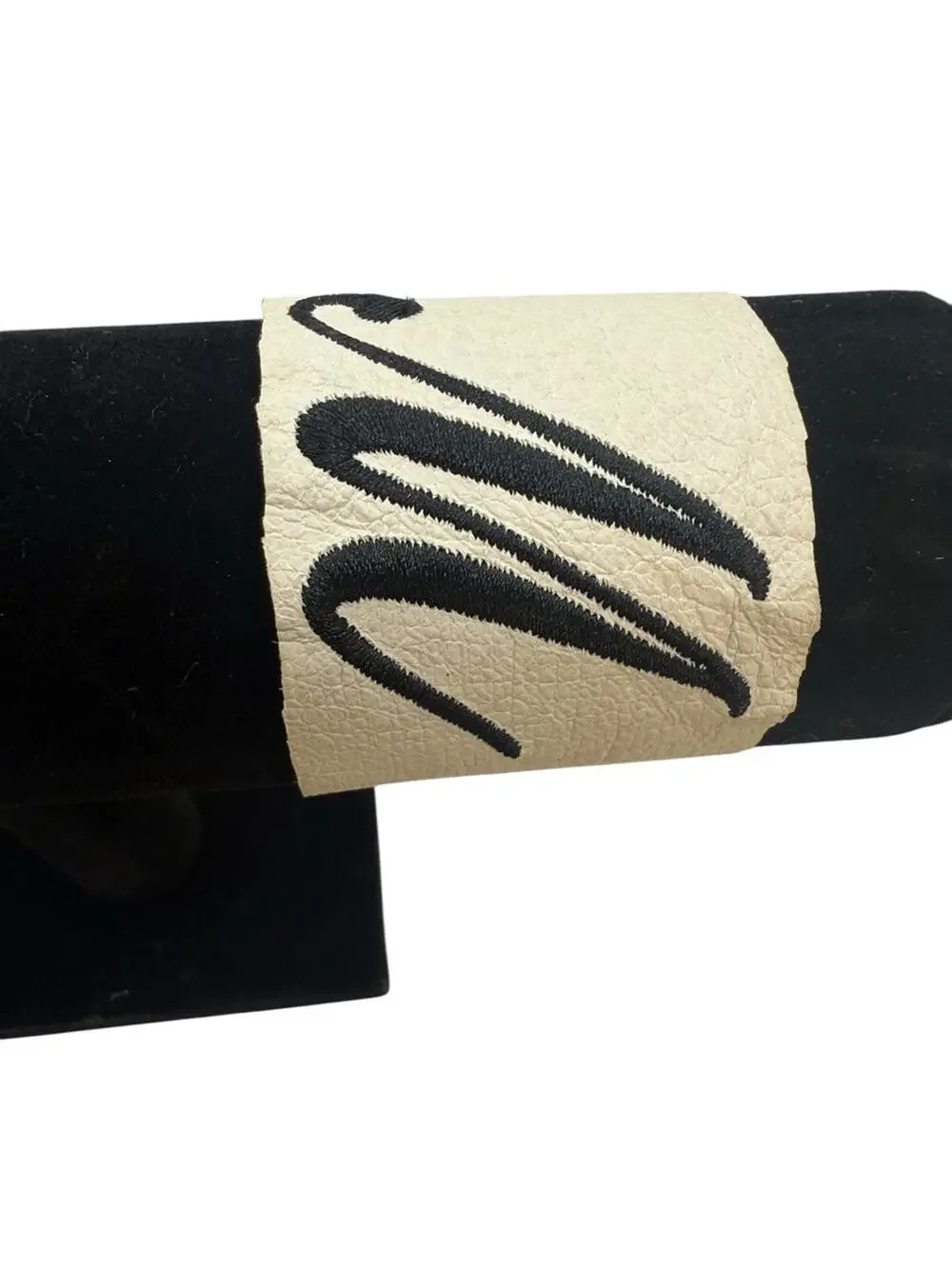 Monogram 'M' Wide Snap Cuff Bracelet in Cream with Black Lettering